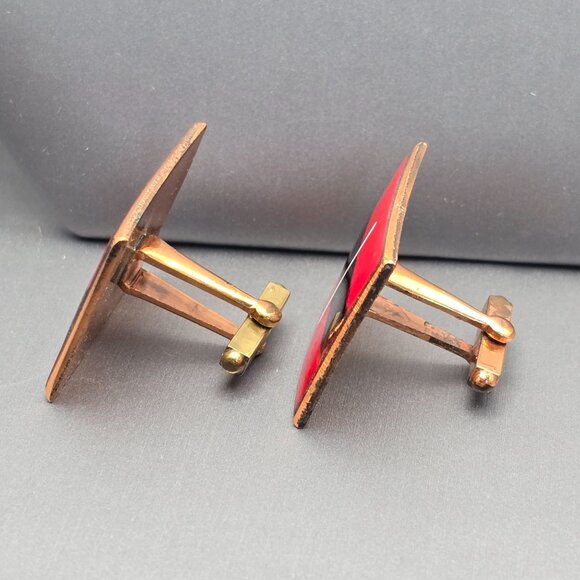 VTG MCM Copper & Enamel Cufflinks 1.25" Red Black Abstract Design Bullet Back - Picture 2 of 4